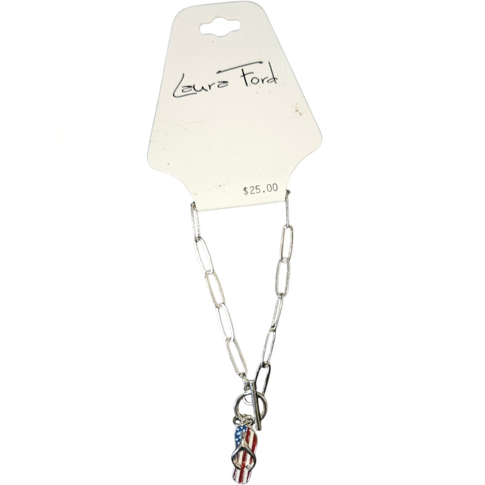 NWT Laura Ford Silver Patriotic Flip Flop Paperclip Chain Bracelet